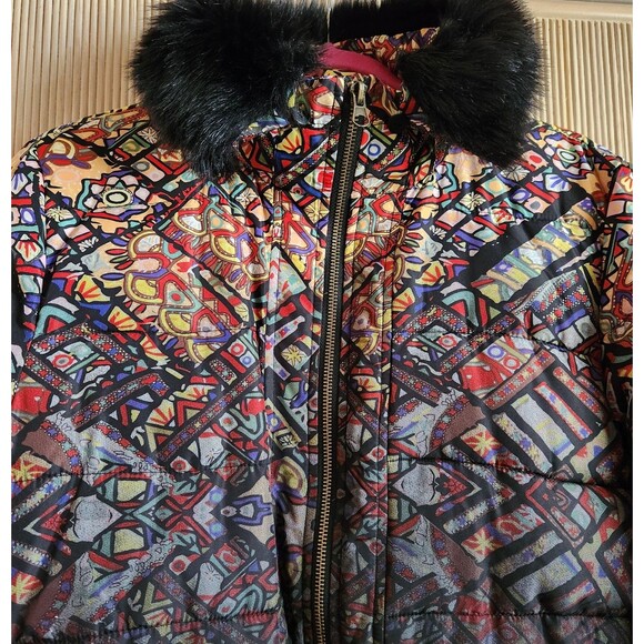 Desigual Women's Puffer Jacke Size 44 US Large Colorful Pattern Removable Collar - Picture 4 of 7